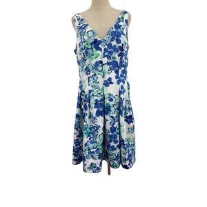 Lauren‎ Ralph Lauren Blue Floral Sleeveless Dress Sz 16 Fit & Flare Cotton Blend